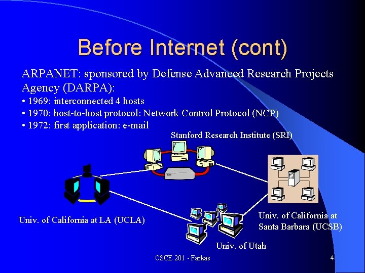 Before Internet (cont) ARPANET: sponsored by Defense Advanced Research Projects Agency (DARPA): • 1969: