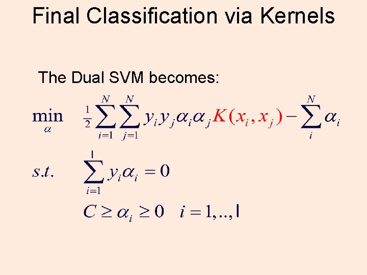 Final Classification via Kernels The Dual SVM becomes: 