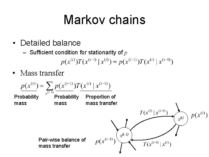 Markov chains • Detailed balance – Sufficient condition for stationarity of p • Mass Markov chains • Detailed balance – Sufficient condition for stationarity of p • Mass