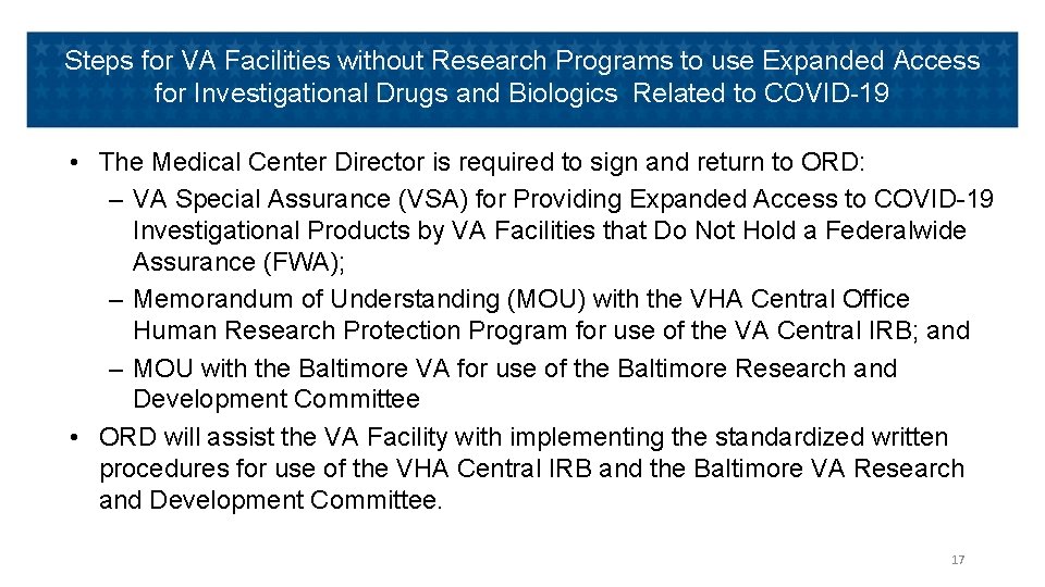 Steps for VA Facilities without Research Programs to use Expanded Access for Investigational Drugs