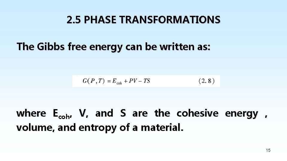 2. 5 PHASE TRANSFORMATIONS The Gibbs free energy can be written as: where Ecoh,