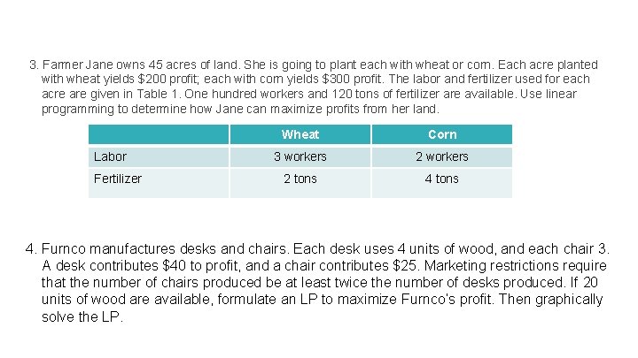 3. Farmer Jane owns 45 acres of land. She is going to plant each