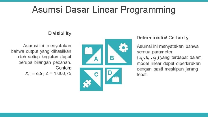 Asumsi Dasar Linear Programming Divisibility Deterministic/ Certainty A C B D 