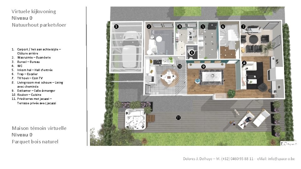 Virtuele kijkwoning Niveau 0 Natuurhout parketvloer 1. Carport / hek aan achterzijde – Clôture