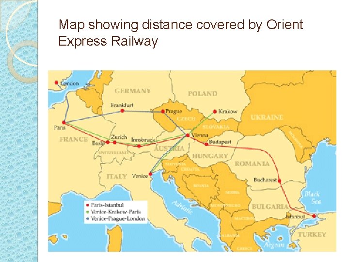 Map showing distance covered by Orient Express Railway 