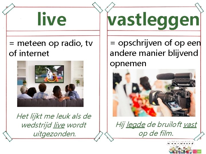 live vastleggen = meteen op radio, tv of internet = opschrijven of op een