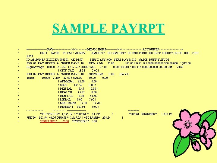 SAMPLE PAYRPT • • • • • <----------PAY--------->!<------DEDUCTIONS------>!<-----------ACCOUNTS------------> UNIT RATE TOTAL ! ABREV AMOUNT