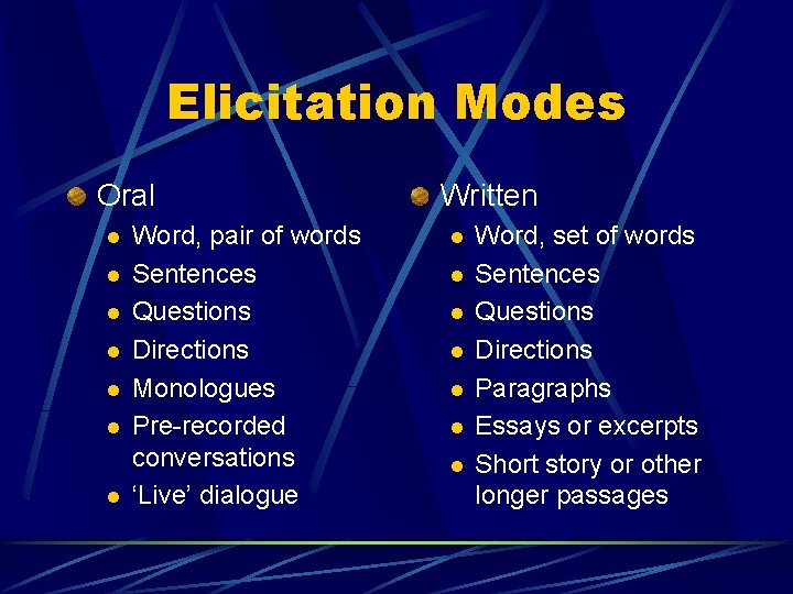 Elicitation Modes Oral l l l Word, pair of words Sentences Questions Directions Monologues