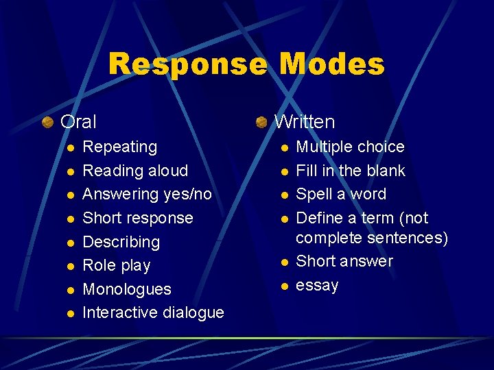 Response Modes Oral l l l l Repeating Reading aloud Answering yes/no Short response