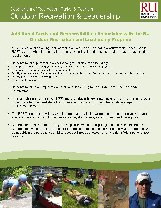 Department of Recreation, Parks, & Tourism Outdoor Recreation & Leadership Additional Costs and Responsibilities