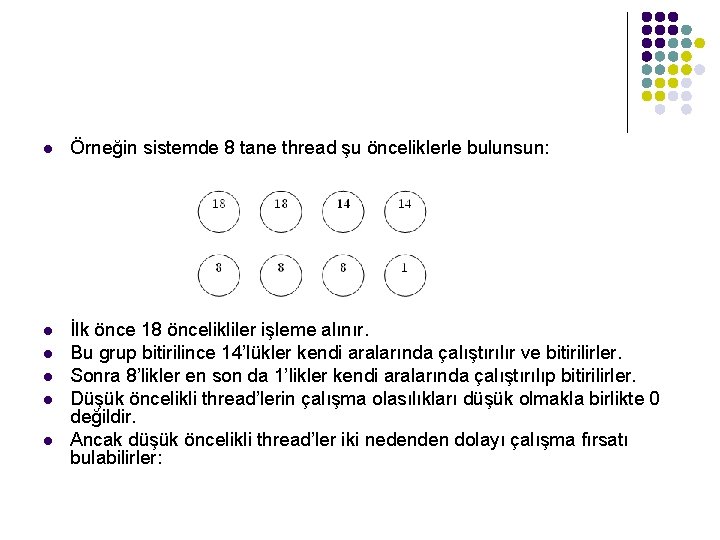 l Örneğin sistemde 8 tane thread şu önceliklerle bulunsun: l İlk önce 18 öncelikliler