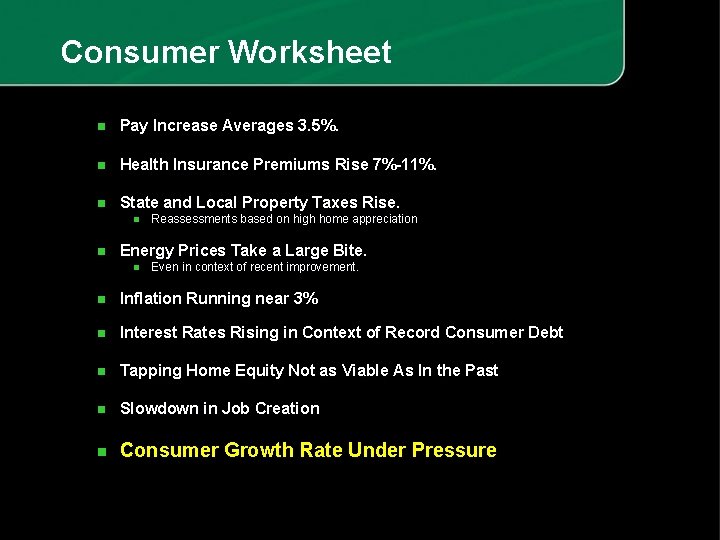 Consumer Worksheet n Pay Increase Averages 3. 5%. n Health Insurance Premiums Rise 7%-11%.