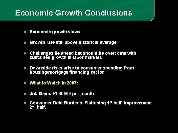 Economic Growth Conclusions n Economic growth slows n Growth rate still above historical average