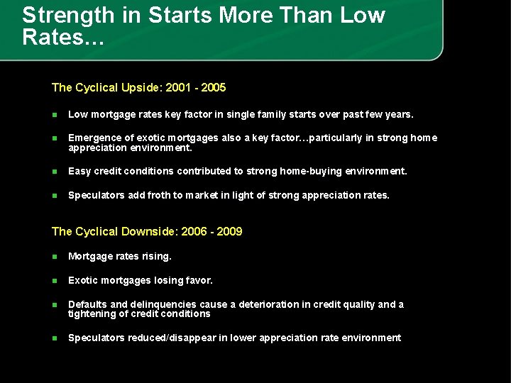 Strength in Starts More Than Low Rates… The Cyclical Upside: 2001 - 2005 n