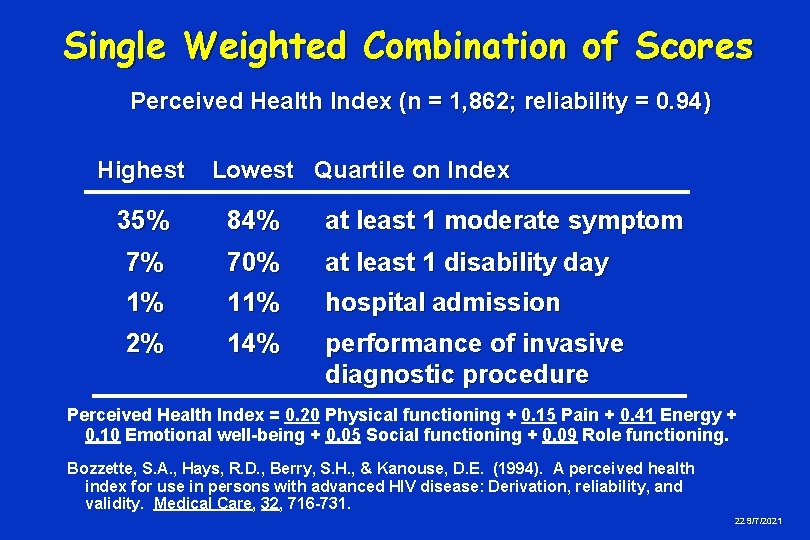 Single Weighted Combination of Scores Perceived Health Index (n = 1, 862; reliability =