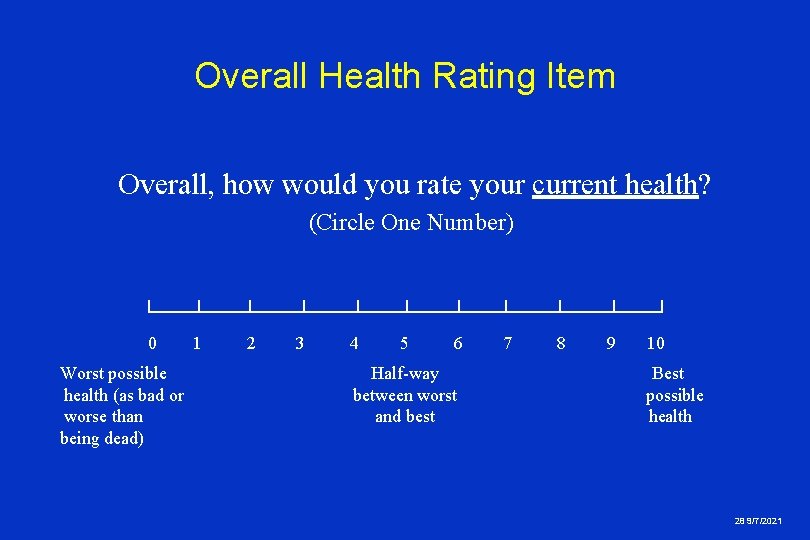 Overall Health Rating Item Overall, how would you rate your current health? (Circle One