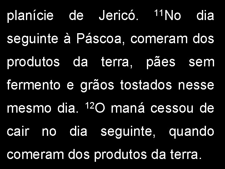 planície de Jericó. 11 No dia seguinte à Páscoa, comeram dos produtos da terra,