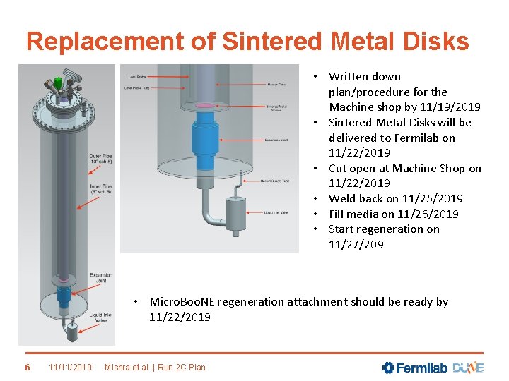 Replacement of Sintered Metal Disks • Written down plan/procedure for the Machine shop by