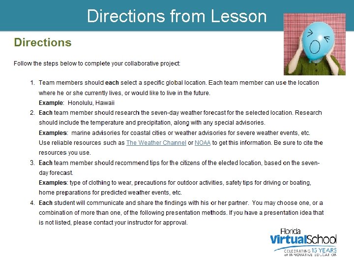 Directions from Lesson 