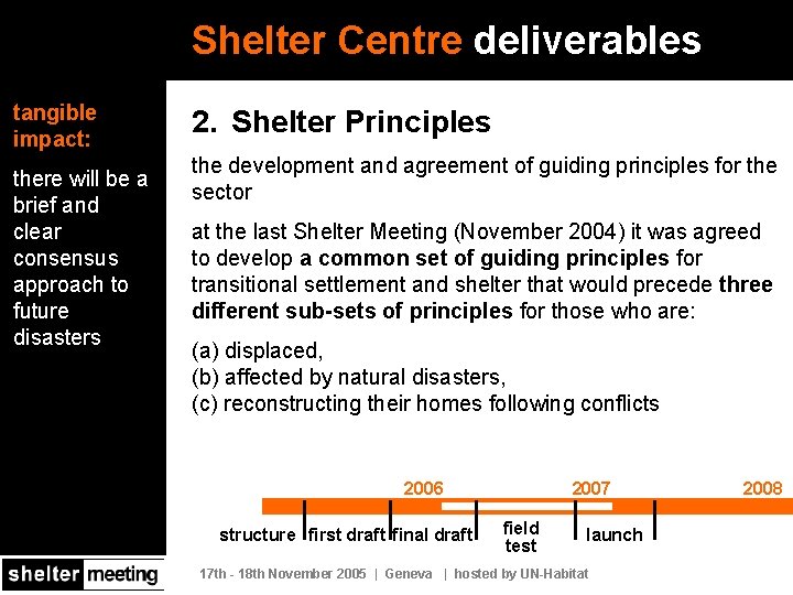 Shelter Centre deliverables tangible impact: there will be a brief and clear consensus approach