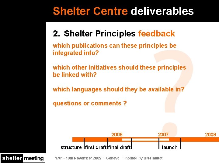 Shelter Centre deliverables 2. Shelter Principles feedback which publications can these principles be integrated