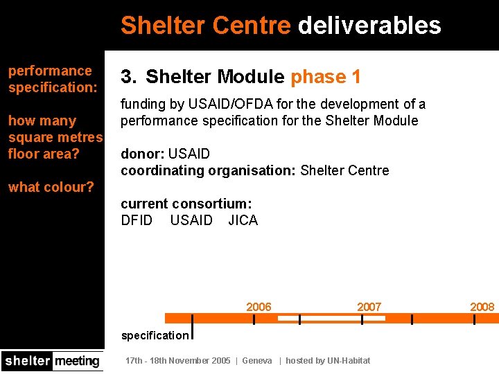 Shelter Centre deliverables performance specification: how many square metres floor area? 3. Shelter Module