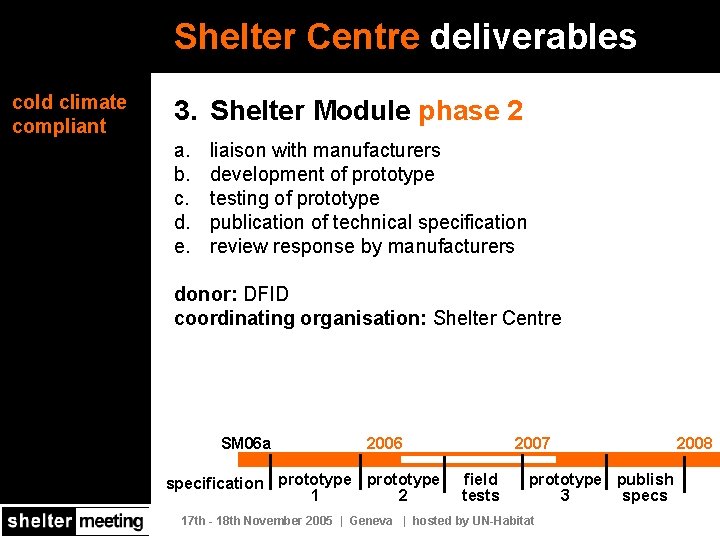 Shelter Centre deliverables cold climate compliant 3. Shelter Module phase 2 a. b. c.