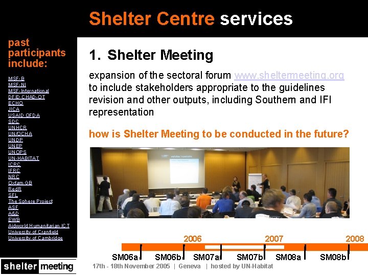 Shelter Centre services past participants include: MSF-B MSF-Nl MSF-International DFID CHAD-OT ECHO JICA USAID