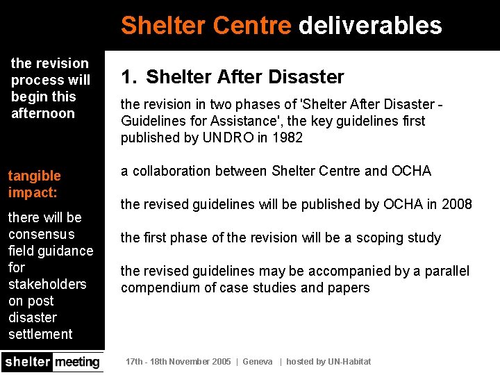 Shelter Centre deliverables the revision process will begin this afternoon tangible impact: there will