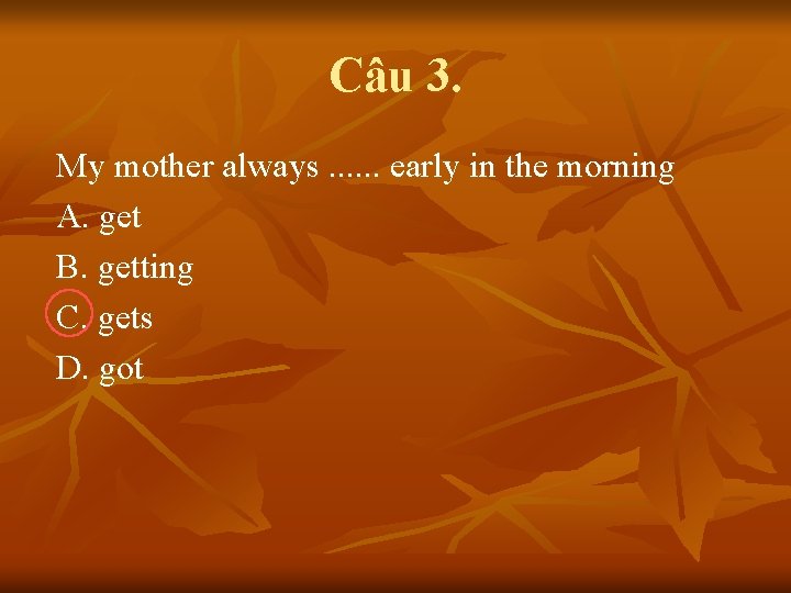 Câu 3. My mother always. . . early in the morning A. get B.