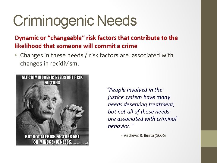 Criminogenic Needs Dynamic or “changeable” risk factors that contribute to the likelihood that someone