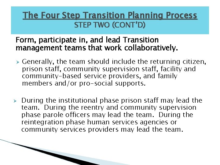 The Four Step Transition Planning Process STEP TWO (CONT’D) Form, participate in, and lead