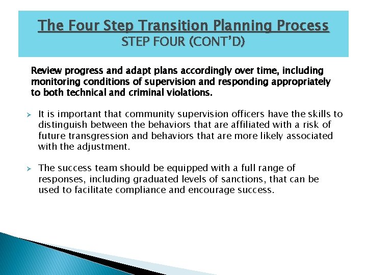The Four Step Transition Planning Process STEP FOUR (CONT’D) Review progress and adapt plans