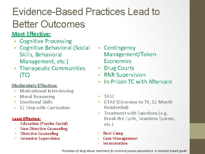 Evidence-Based Practices Lead to Better Outcomes Most Effective: • Cognitive Processing • Cognitive Behavioral