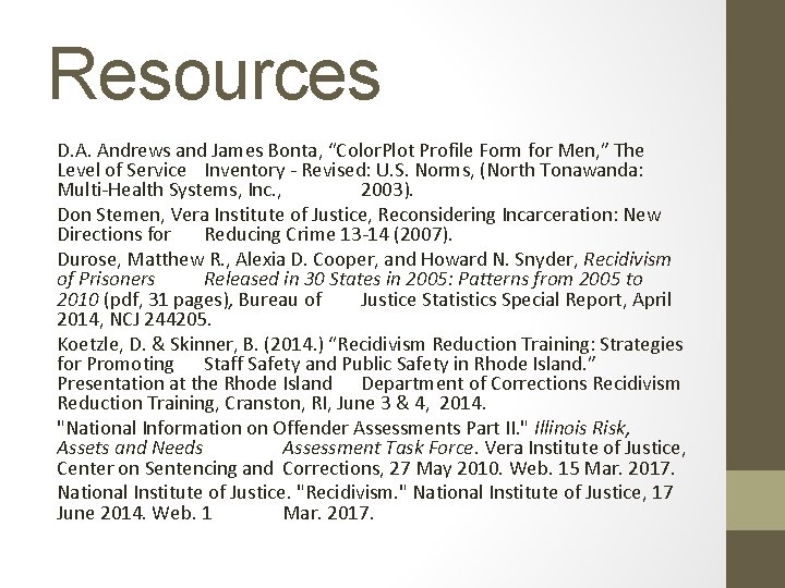 Resources D. A. Andrews and James Bonta, “Color. Plot Profile Form for Men, ”