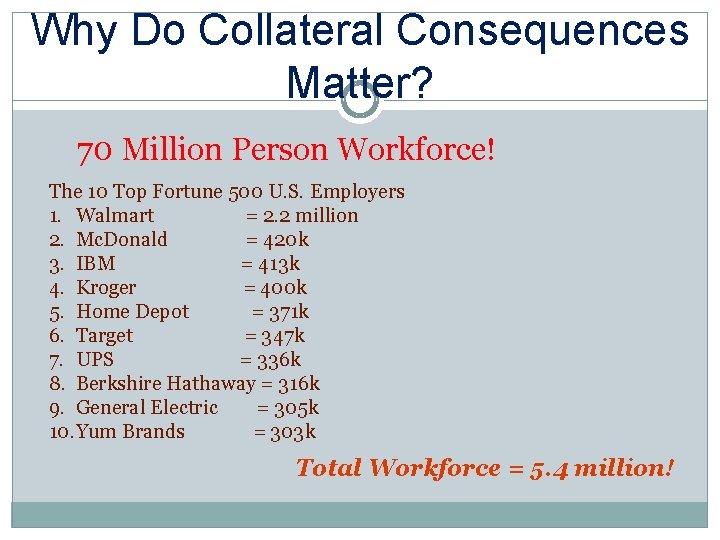 Why Do Collateral Consequences Matter? 70 Million Person Workforce! The 10 Top Fortune 500
