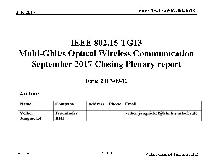 doc. : 15 -17 -0562 -00 -0013 July 2017 IEEE 802. 15 TG 13