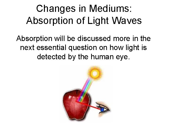 Changes in Mediums: Absorption of Light Waves Absorption will be discussed more in the