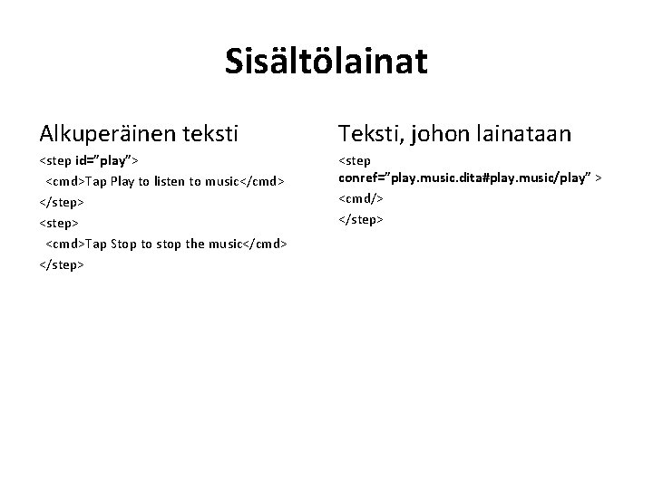 Sisältölainat Alkuperäinen teksti Teksti, johon lainataan <step id=”play”> <cmd>Tap Play to listen to music</cmd>