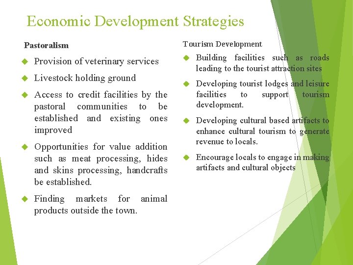 Economic Development Strategies Pastoralism Provision of veterinary services Livestock holding ground Access to credit