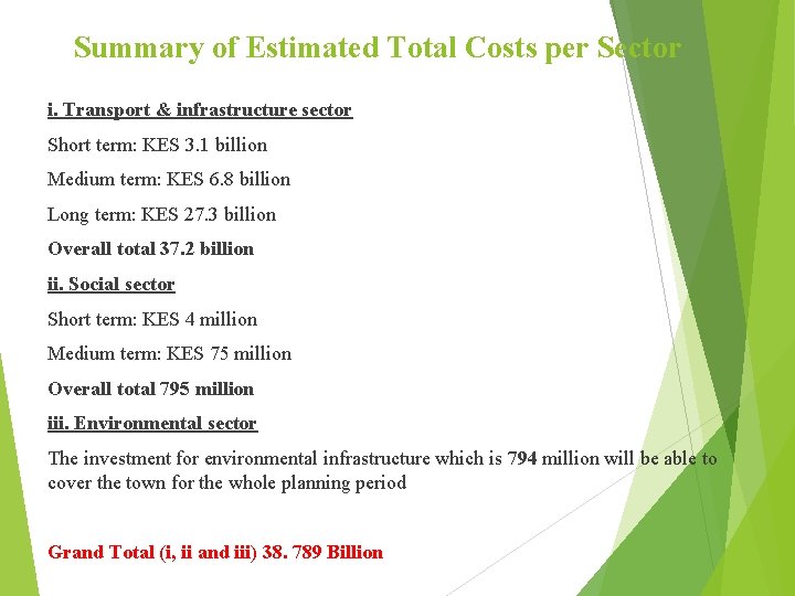 Summary of Estimated Total Costs per Sector i. Transport & infrastructure sector Short term: