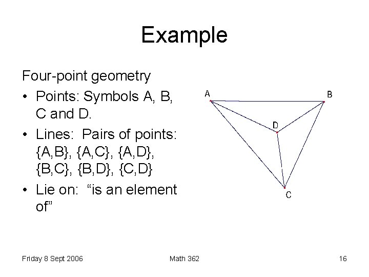 Example Four-point geometry • Points: Symbols A, B, C and D. • Lines: Pairs