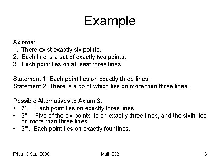 Example Axioms: 1. There exist exactly six points. 2. Each line is a set