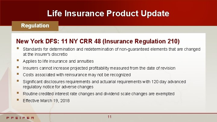 Life Insurance Product Update Regulation New York DFS: 11 NY CRR 48 (Insurance Regulation