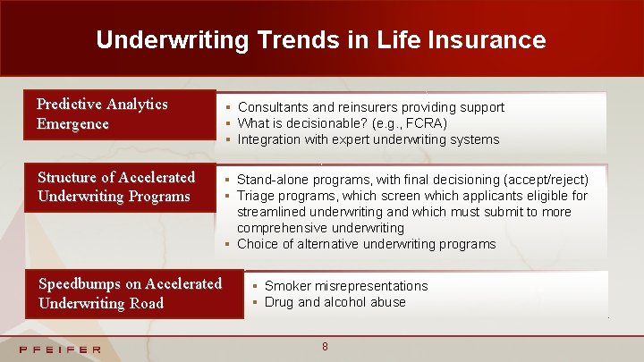 Underwriting Trends in Life Insurance Predictive Analytics Emergence § Consultants and reinsurers providing support