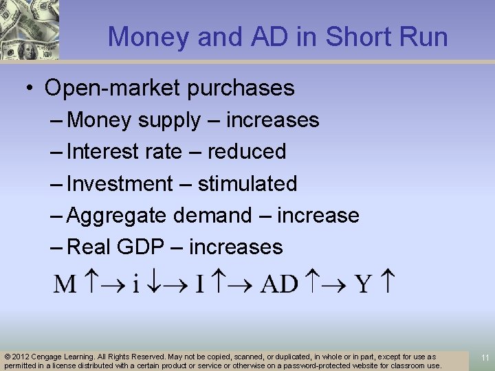 Money and AD in Short Run • Open-market purchases – Money supply – increases