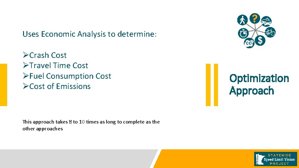 Uses Economic Analysis to determine: ØCrash Cost ØTravel Time Cost ØFuel Consumption Cost ØCost