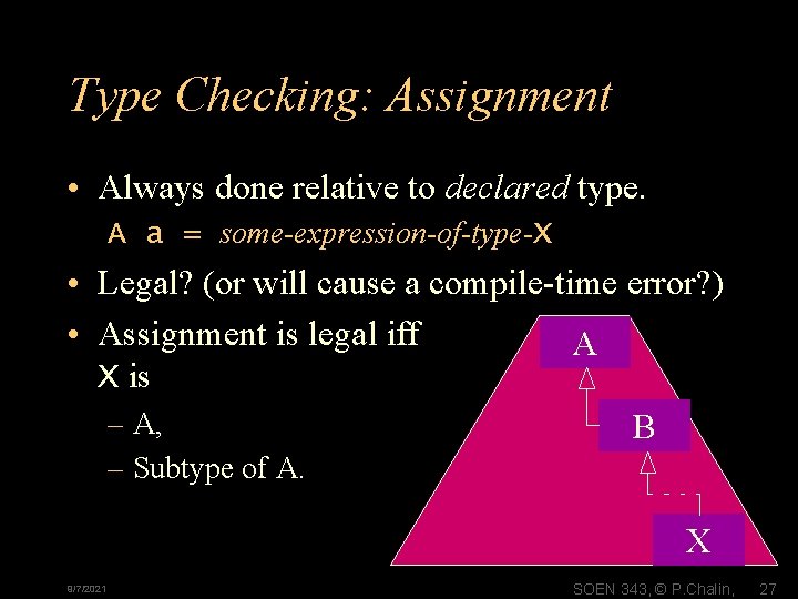 Type Checking: Assignment • Always done relative to declared type. A a = some-expression-of-type-X