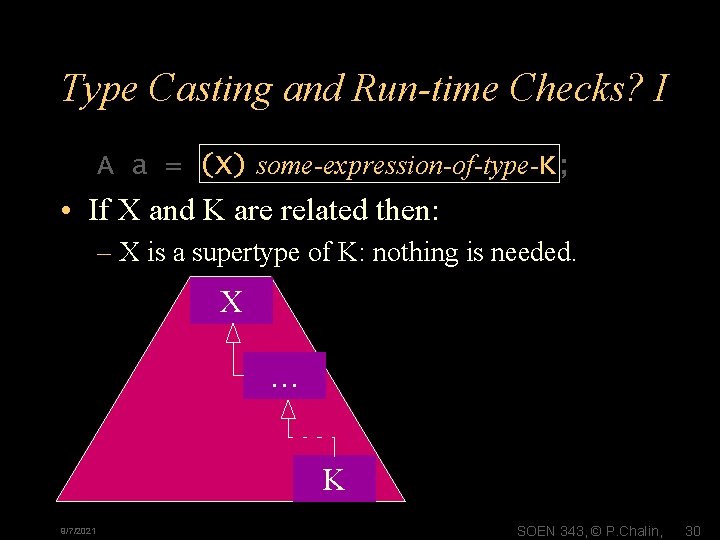 Type Casting and Run-time Checks? I A a = (X) some-expression-of-type-K; • If X