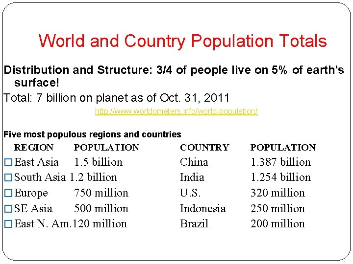 World and Country Population Totals Distribution and Structure: 3/4 of people live on 5% World and Country Population Totals Distribution and Structure: 3/4 of people live on 5%